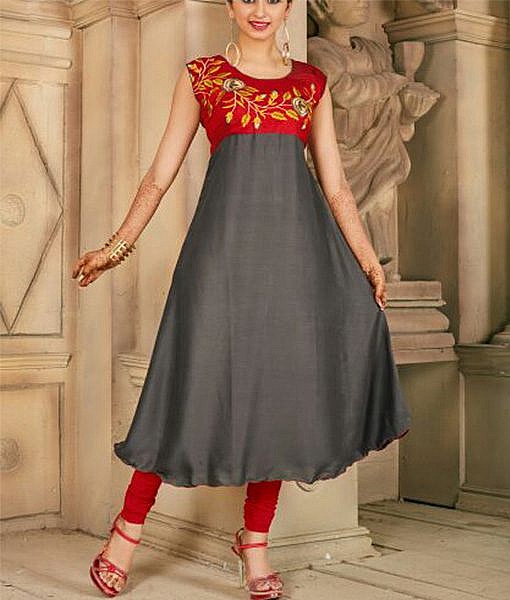 Red and grey rayon printed kurta with embroidery