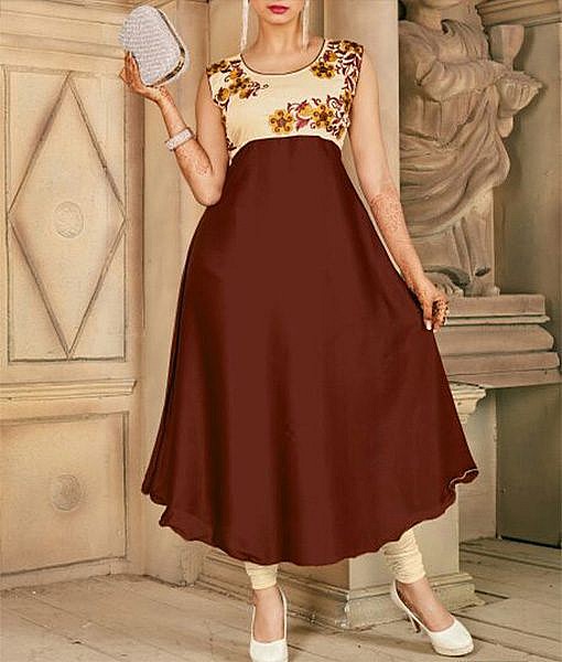Cream and brown rayon printed kurta with embroidery