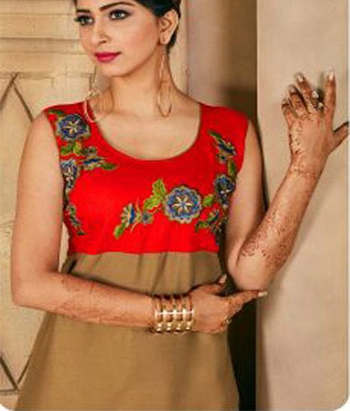 Orange and light brown rayon printed kurta with embroidery - Image 2