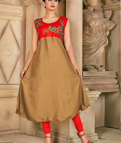 Orange and light brown rayon printed kurta with embroidery