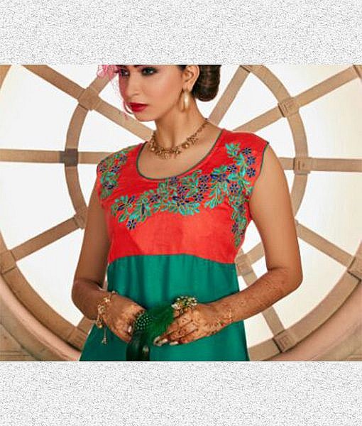 Orange and grey green rayon kurta with embroidery - Image 2