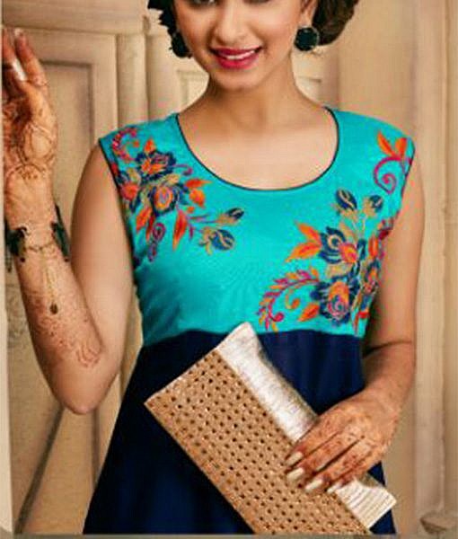 Sky blue and royal blue rayon printed kurta with embroidery - Image 2
