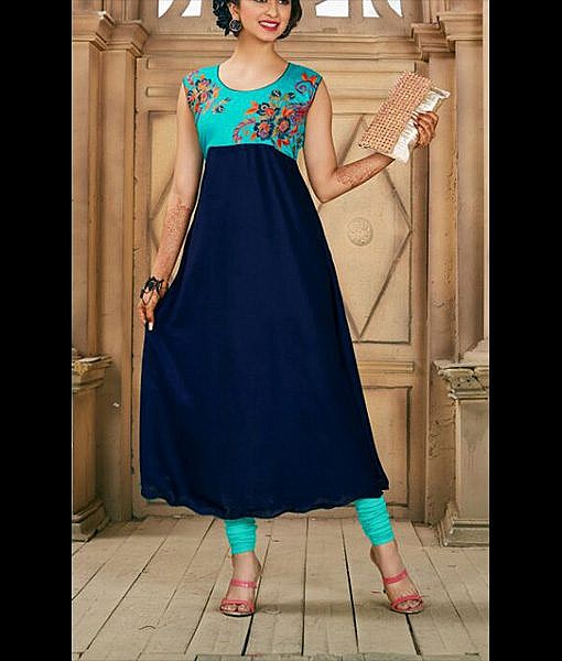 Sky blue and royal blue rayon printed kurta with embroidery