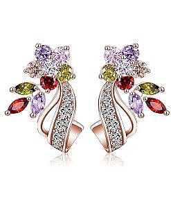 Rose gold flower stud earrings with multicolour stones