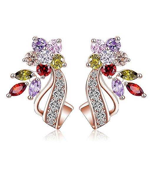 Rose gold flower stud earrings with multicolour stones