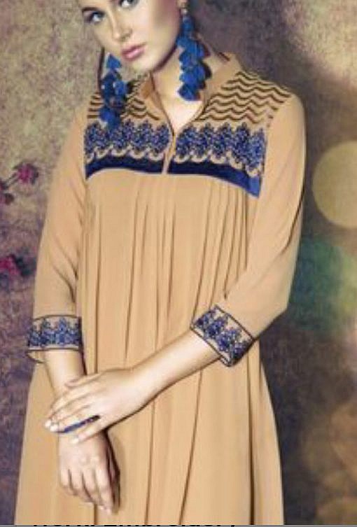 Brown designer kurti with blue embroidery - Image 2