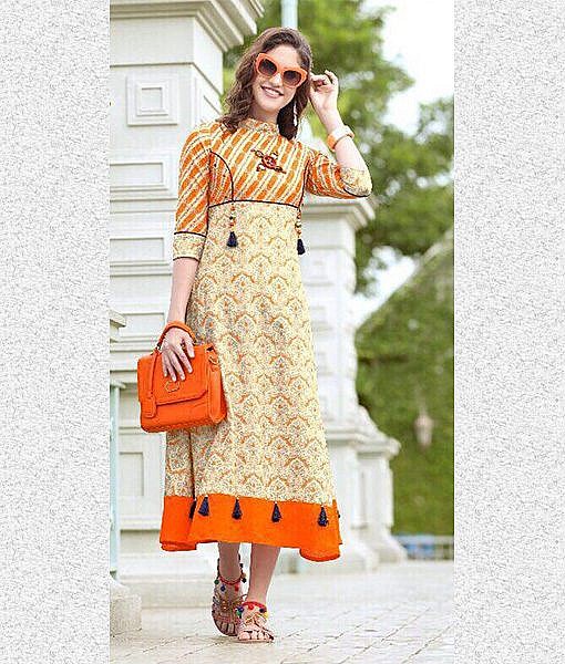 Orange cotton dhabu print long dress with tassels