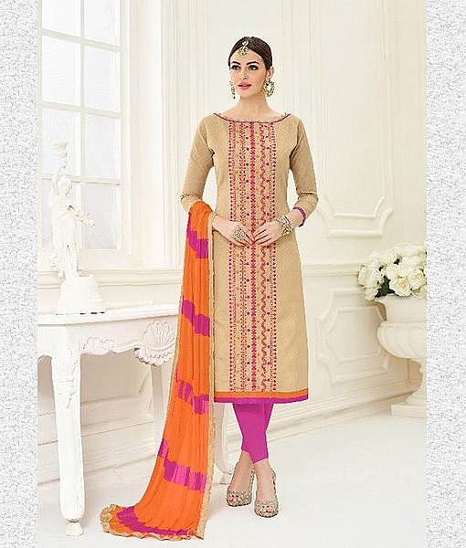 Beige dress material with embroidery 
