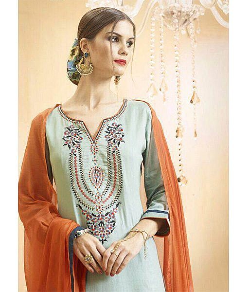Grey cotton long kurta with cotton skirt with embroidery - Image 2
