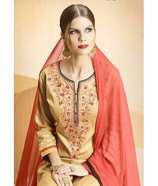 Beige long cotton kurta with cotton skirt and dupatta - Image 2