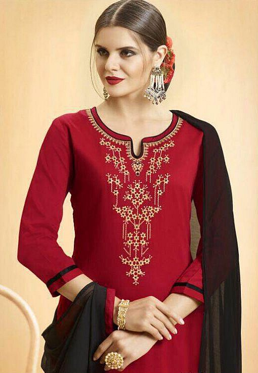 Red long cotton kurta with cotton skirt with embroidery - Image 2