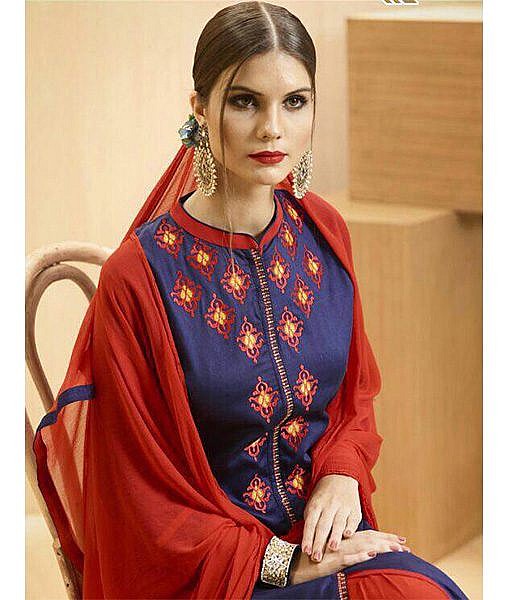 Blue long cotton kurta with cotton skirt with embroidery - Image 2