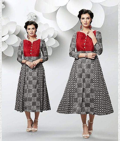 Designer grey dhabu print cotton kurta online Momiffy.com India