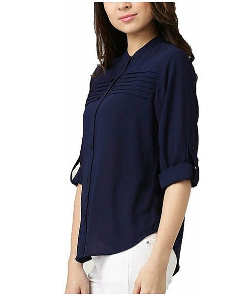 Navy Blue front open button down crepe shirt