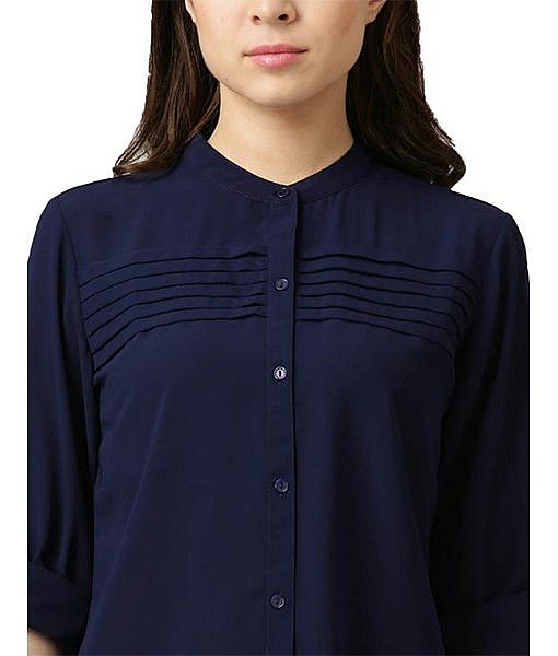 Navy Blue front open button down crepe shirt