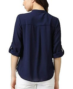 Navy Blue front open button down crepe shirt