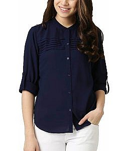 Navy Blue front open button down crepe shirt