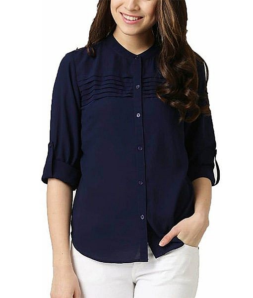 Navy Blue front open button down crepe shirt