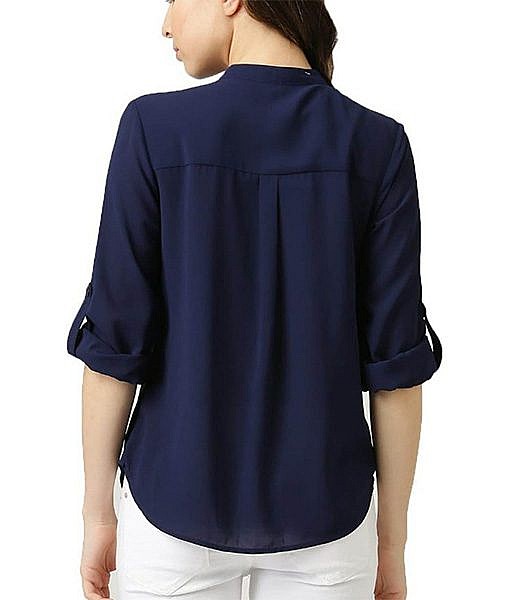 Navy Blue front open button down crepe shirt