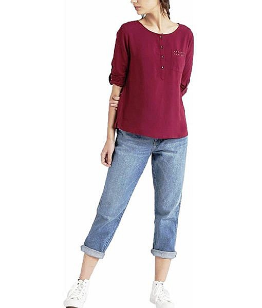 Maroon front open full sleeves crepe top 