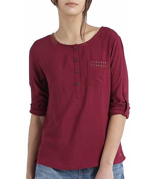 Maroon front open full sleeves crepe top