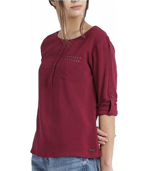 Maroon front open full sleeves crepe top