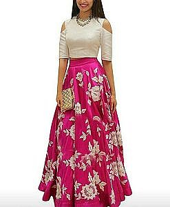 Women pink semi stitched silk lehanga choli.
