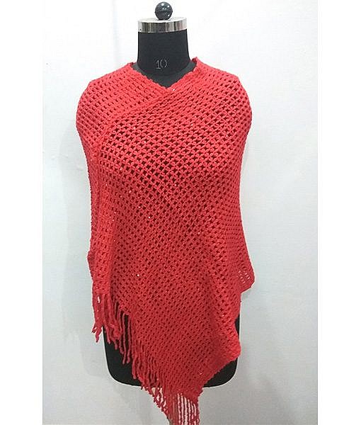 Soft wool poncho with sequence red