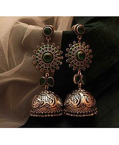 Long big jhumki brass earrings green