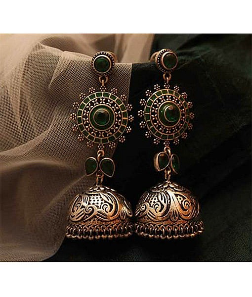 Long big jhumki brass earrings green