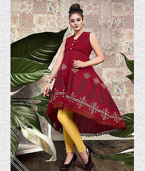 Maroon rayon printed kurti with lace