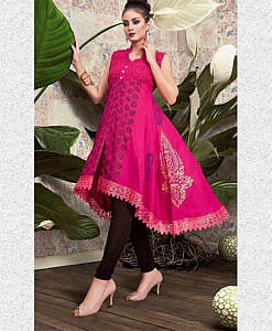 Pink rayon printed kurti with lace