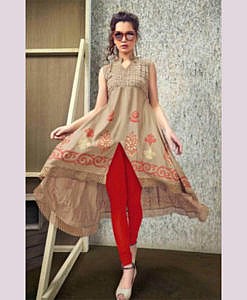 Beige rayon printed kurti with lace