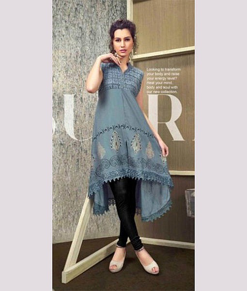 Grey rayon printed kurti with lace