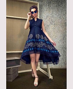 Navy Blue rayon printed kurti with lace