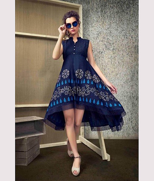 Navy Blue rayon printed kurti with lace