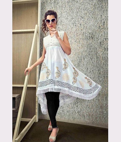 White rayon printed kurti with lace 