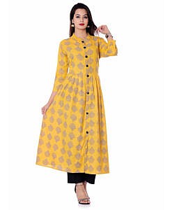 Yellow printed cotton women kurti