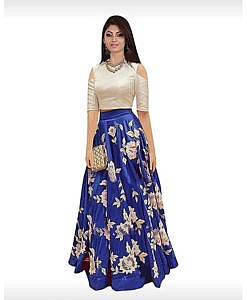 Women blue semi stitched silk lehanga choli.