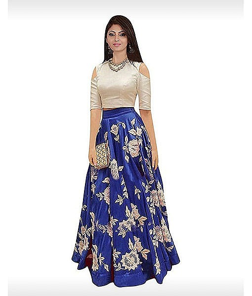 Women blue semi stitched silk lehanga choli.