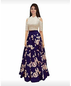 Women navy blue semi stitched silk lehanga choli