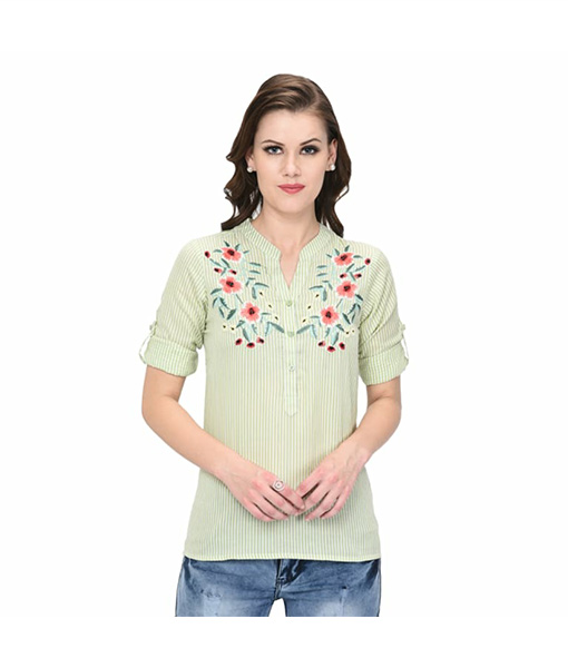 Green cotton shirt style nursing feeding top with embroidery