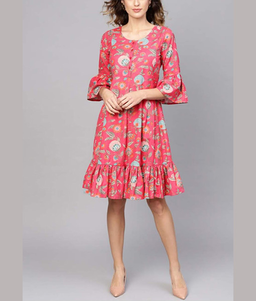 Cotton pink printed short maternity nursing dress 