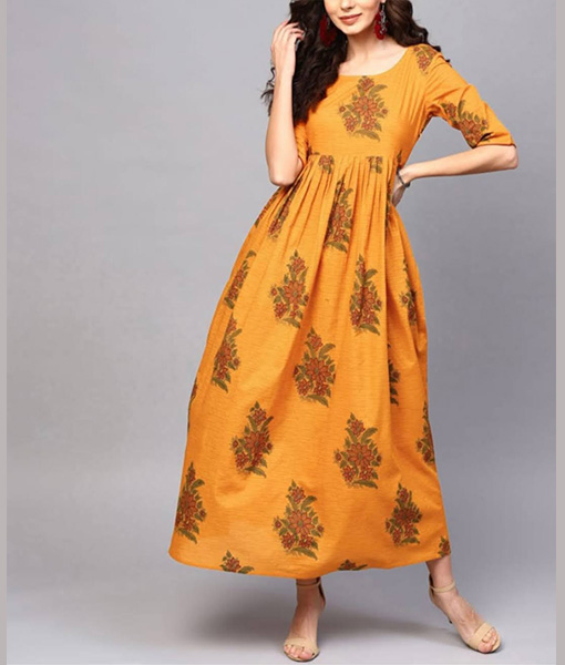 Mustard yellow printed cotton maternity ...