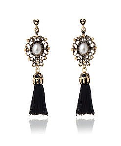 Black Crystal alloy flower tassel earrings