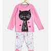 Full sleeves cat meow print night suit pink