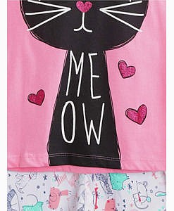 Full sleeves cat meow print night suit pink