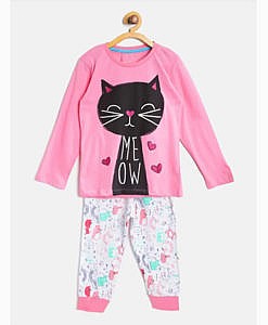 Full sleeves cat meow print night suit pink