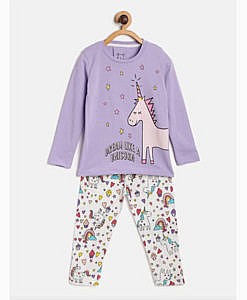 Full sleeves unicorn print night suit purple