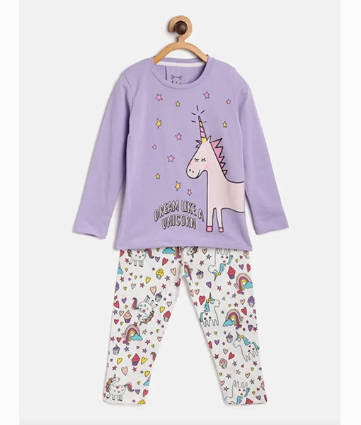 Full sleeves unicorn print night suit purple